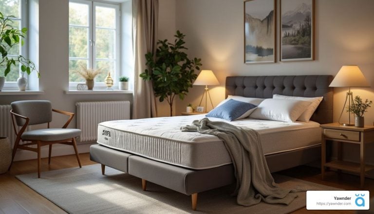 A neatly made bed with gray headboard is in a cozy bedroom featuring wooden floors and neutral-toned walls. There's a gray blanket draped over the bed, soft lighting from two bedside lamps, a green plant, framed artwork on the walls, and a window with curtains.