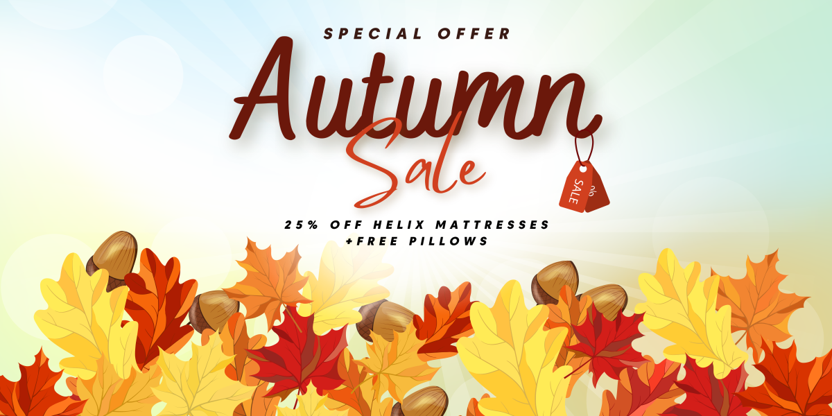 A promotional banner for an Autumn Sale featuring colorful autumn leaves and acorns at the bottom. The text reads: "Special Offer Autumn Sale" with a tag showing "25% off" hanging from the letter 'S'. Below, it mentions "25% off Helix Mattresses + Free Pillows.