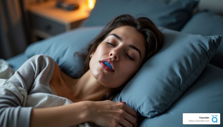 A woman with long dark hair is peacefully sleeping on a grey pillow, covered in a blanket. She appears relaxed in a dimly lit room. Her lips are slightly parted, and she seems to be in a deep sleep.