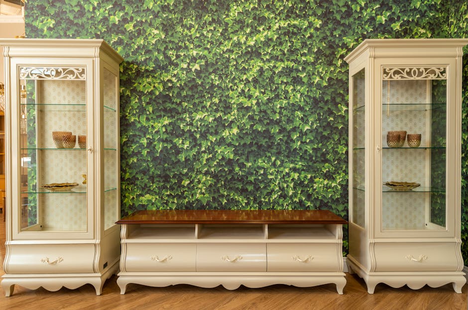 Two elegant, cream-colored display cabinets with glass doors flank a matching TV stand. The background is a vibrant green, leafy wallpaper. Decorative items are placed inside the cabinets. The floor is wooden.