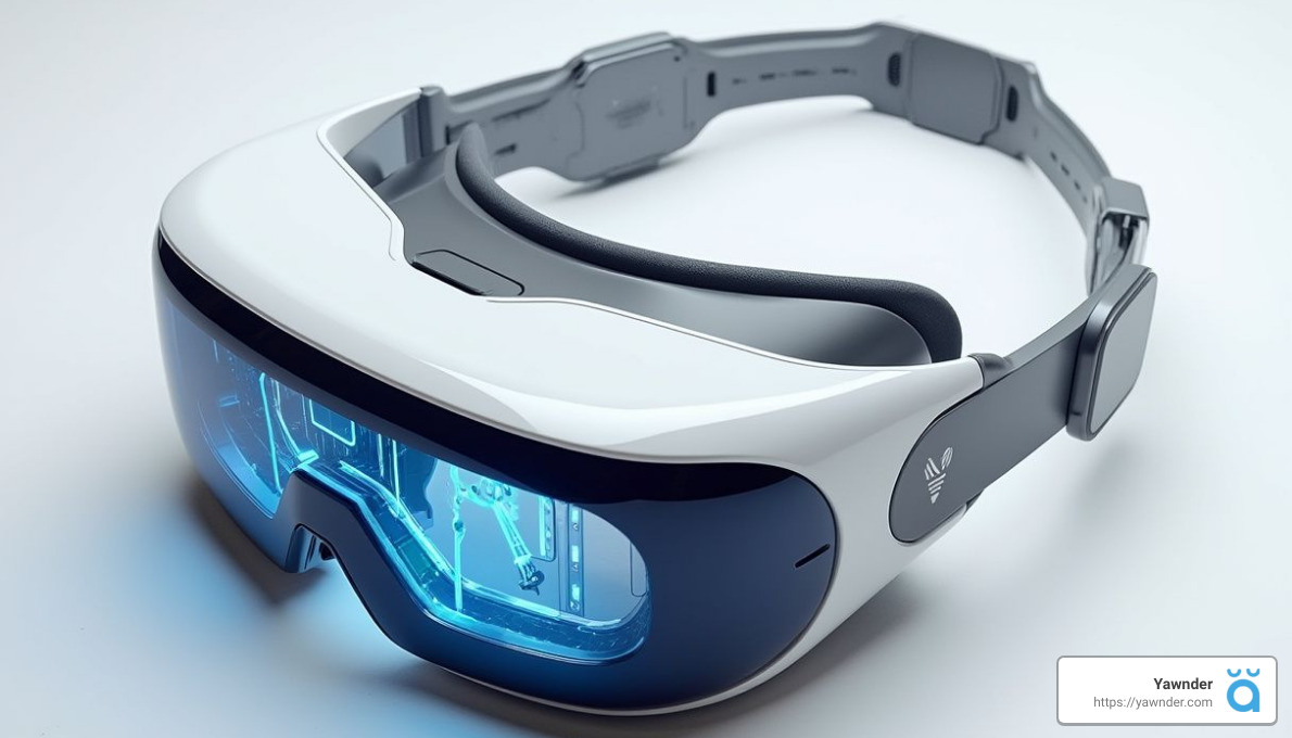 A futuristic virtual reality headset with a sleek white and gray design. The visor displays illuminated blue circuitry, while adjustable straps ensure a comfortable fit. The brand logo is subtly visible on the side.