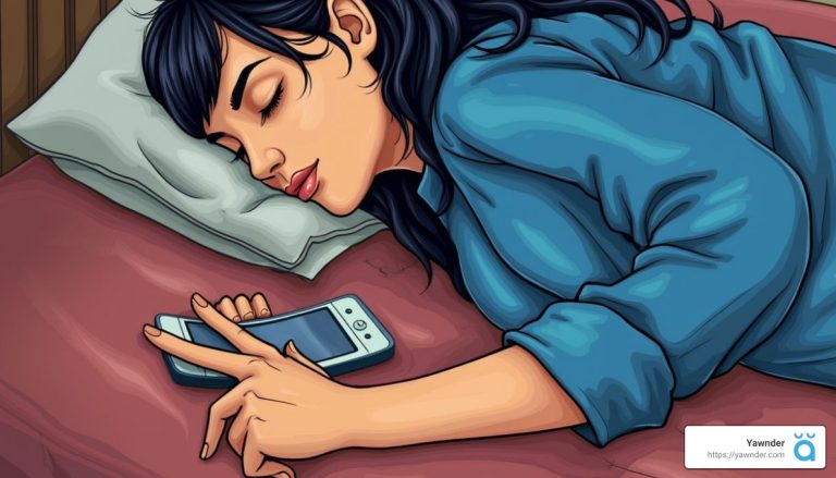 A woman with dark hair sleeps on a bed, holding a smartphone in her hand. She is wearing a blue shirt, and the phone rests near her face. The bedding is a warm shade of pink, and she's lying on a white pillow.