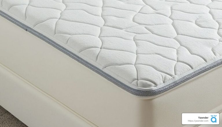 Close-up of a white mattress with a textured quilted pattern and a grey edging on a light-colored bed base. A small logo in the bottom right corner includes a website URL.