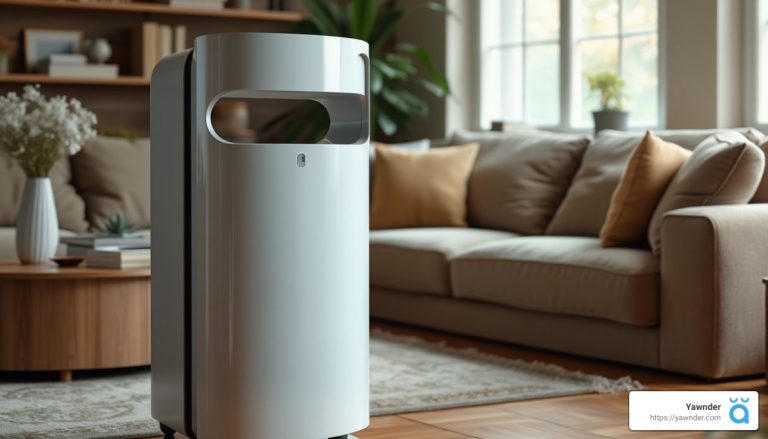 A modern air purifier stands in a cozy living room with a beige sofa, patterned cushions, and a wooden coffee table. Sunlight filters through a window, creating a warm atmosphere.