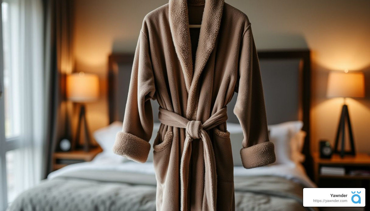 A cozy brown robe with a fluffy texture is hanging in the foreground of a neatly made bed. The room is softly lit, and there are two bedside lamps and a large window, creating a warm and inviting atmosphere.