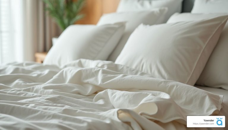 A cozy, unmade bed with white pillows and sheets. Sunlight filters through a window, creating a serene and inviting atmosphere. A small plant is partially visible in the background, adding a touch of greenery.