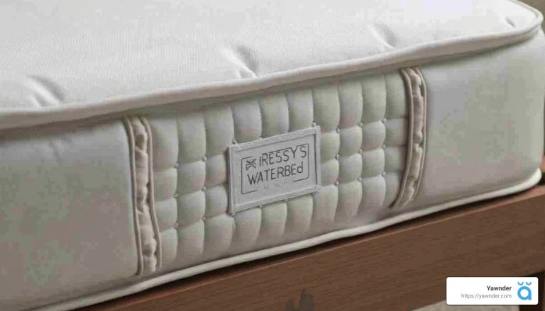 Close-up of a soft, white mattress labeled "Eressy's WaterBed" with quilted detailing on the side, atop a wooden bed frame.