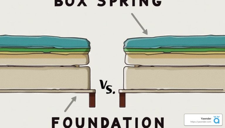 Illustration comparing a box spring and a foundation. The box spring is shown with springs and a frame, while the foundation is depicted as solid, with layers of material. Both support mattresses, with arrows and labels for identification.