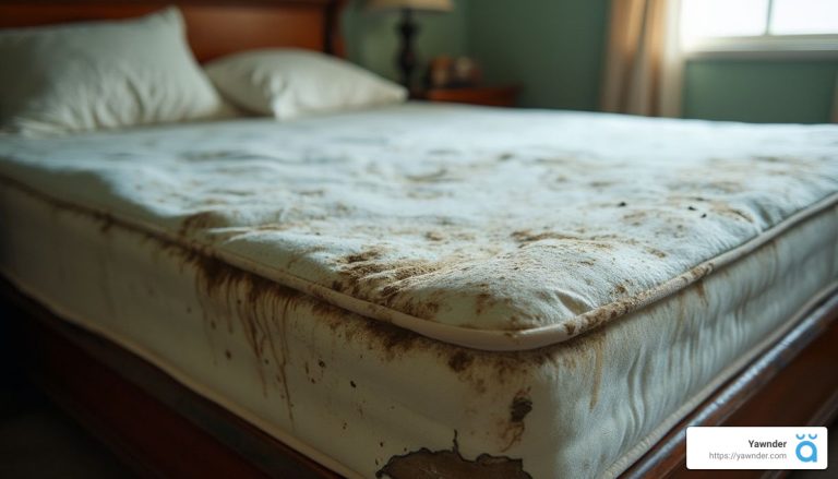A bed with a soiled and stained mattress in a dimly lit bedroom, with pillows on top and a wooden headboard. Light streams in from a partially visible window, highlighting the mattress's worn and dirty condition.