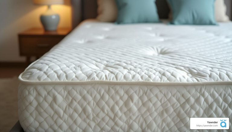 Close-up of a neatly made bed with a white quilted mattress cover. The background shows a blurred wooden nightstand with a lit lamp and turquoise pillows. Cozy bedroom ambiance.