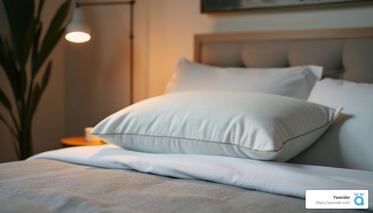 A cozy bedroom scene with a neatly made bed featuring a soft, plump white pillow. A bedside lamp emits a warm glow, and a potted plant adds a touch of greenery. The atmosphere is calm and inviting.