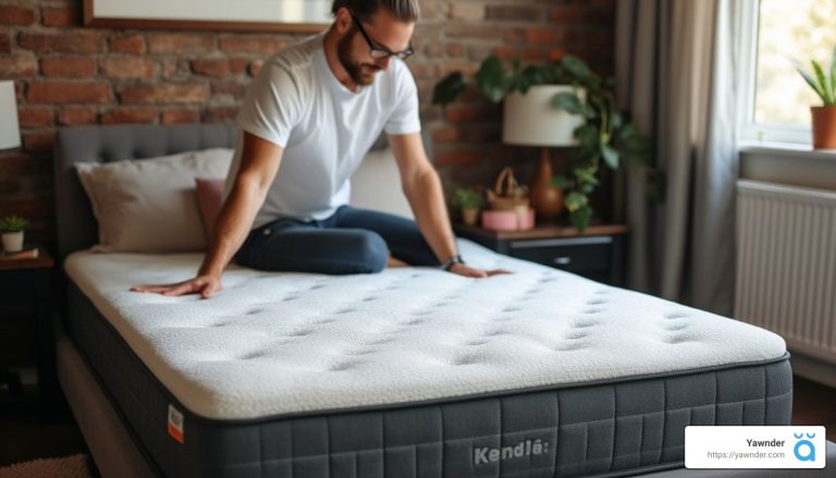 A person with glasses and a beard is sitting on a bed, pressing a hand against the mattress in a cozy, well-lit room. The room has a brick wall, potted plants, and soft lighting, creating a warm and inviting atmosphere.