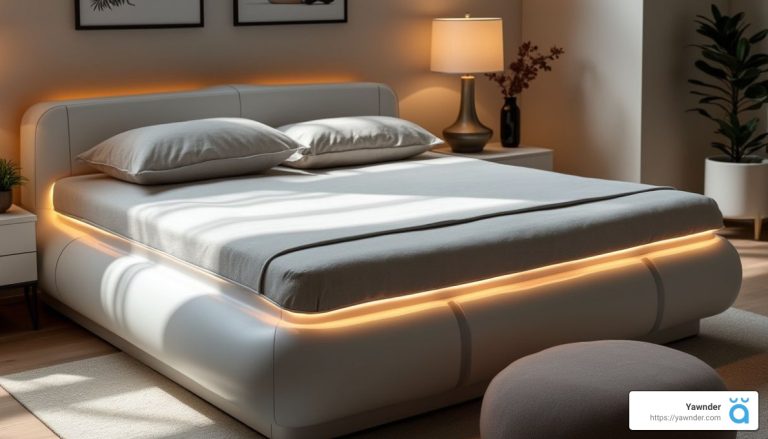 A modern bedroom with a sleek, white upholstered bed featuring glowing LED lights along the base. The room is softly lit by a table lamp, and there's minimalistic decor on the walls. The ambiance is warm and inviting.