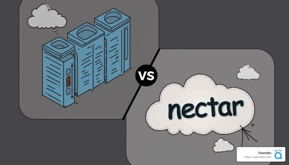 Illustration showing a comparison between traditional data centers on the left and cloud-based "nectar" service on the right. The left side depicts tall server stacks, and the right side shows a cloud with the text "nectar".