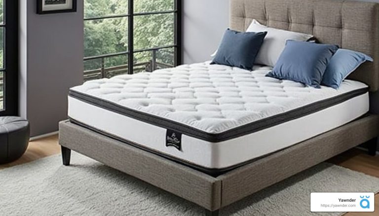 A modern bedroom with a neatly made bed featuring a plush mattress and four pillows, two white and two blue. The room has gray walls and large windows with a view of green trees outside. A soft light fills the room.
