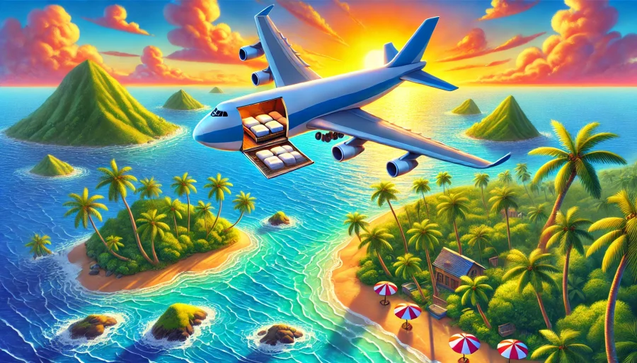 Illustration of an airplane flying over tropical islands at sunset. The airplane has an open cargo door revealing large gift boxes. Below are lush green islands with palm trees and beach huts, surrounded by turquoise waters and sandy beaches with umbrellas and chairs.