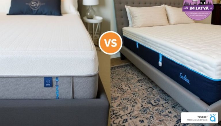 Side-by-side comparison of two mattresses. On the left, a gray mattress with a white top and blue trim. On the right, a white mattress with a navy blue border. A "VS" icon is centered between them. Various pillows are visible on both beds.