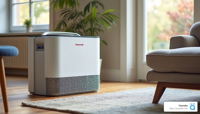 A modern air purifier sits on a wooden floor in a bright, sunlit room. It is near a cozy armchair, with large windows in the background revealing blurred green foliage. The atmosphere is clean and serene.