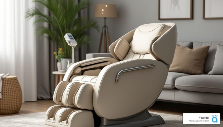 A modern cream-colored massage chair with a built-in control panel sits in a stylish living room. The room features a gray sofa, a plant, a basket, and soft natural lighting filtering through a window with sheer curtains.