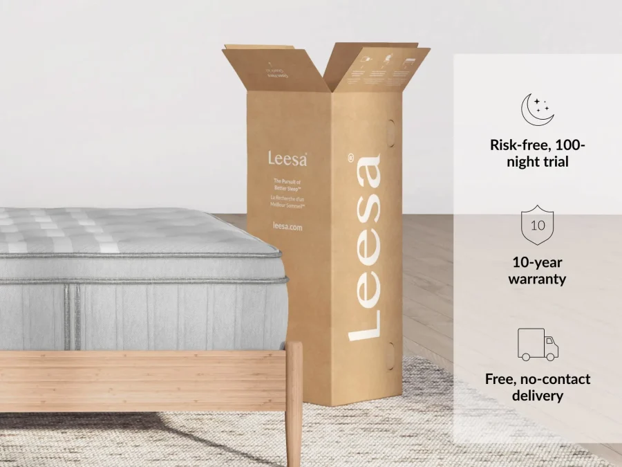 A modern bedroom setting features a Leesa Plus mattress in gray on a wooden bed frame, positioned beside an open Leesa cardboard box. An info panel highlights the risk-free 100-night trial, 10-year warranty, and free no-contact delivery.