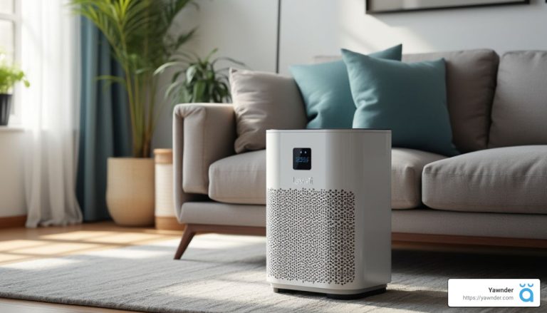 A modern air purifier sits on a hardwood floor in a living room. Behind it, there's a beige sofa with blue and green cushions. Sunlight streams in through a window with teal curtains.