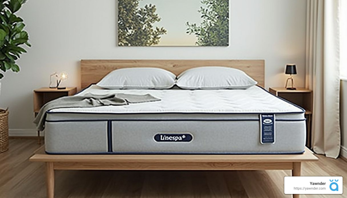 A neatly made bed with a gray mattress labeled "Linenspa" on a wooden frame. The room features two small nightstands with lamps, a plant, and a framed nature scene on the wall. Sunlight filters through curtains to the right.