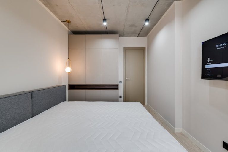 Minimalist bedroom with a bed featuring a white mattress and a gray headboard. Beside the bed is a modern hanging lamp. A large wardrobe and a closed door are in the background. A wall-mounted TV is on the right wall. Ceiling has exposed concrete.