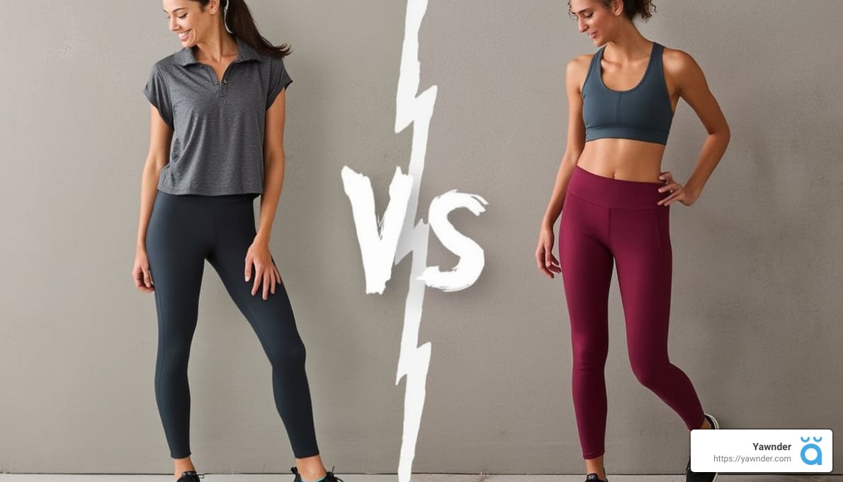 Two women pose in athletic outfits against a gray background with a "VS" symbol between them. The woman on the left wears a gray top and black leggings, while the woman on the right wears a teal sports bra and maroon leggings.