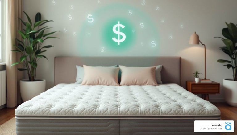 A modern bedroom features a neatly made bed with a tufted white comforter. Green dollar symbols float above, creating a glowing effect. Two plants and a nightstand with a lamp are on either side of the bed, adding to the room's decor.