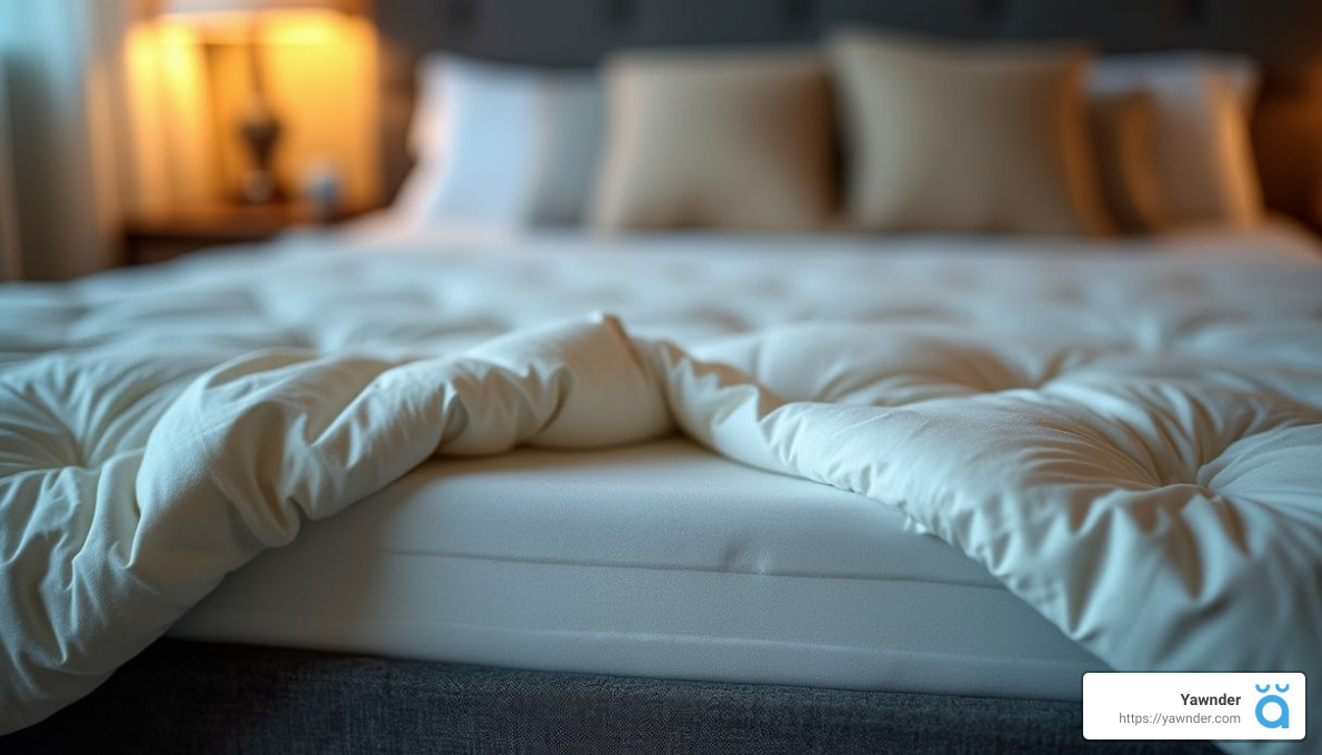 A neatly made bed with a fluffy white comforter and several pillows, softly lit by a warm bedside lamp. The cozy setting suggests comfort and relaxation.