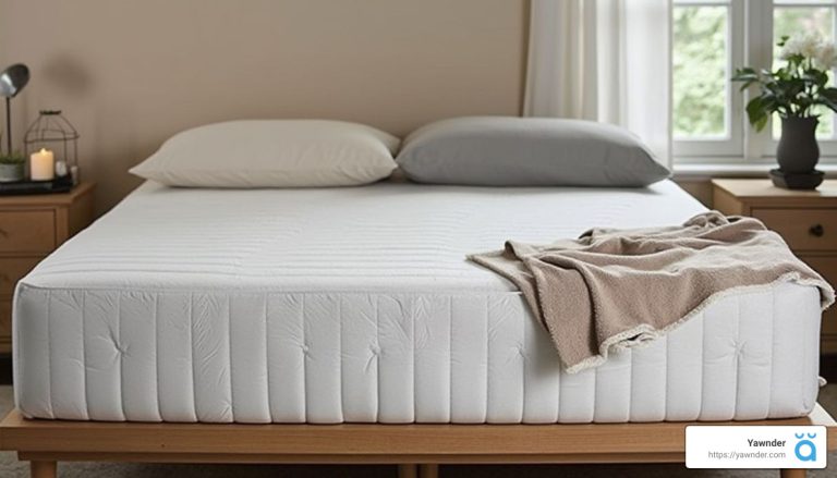 A neatly made bed with a white mattress and beige blanket sits between two wooden nightstands, each with a lamp and decor. A window in the background lets in natural light, and two pillows are placed on the bed.