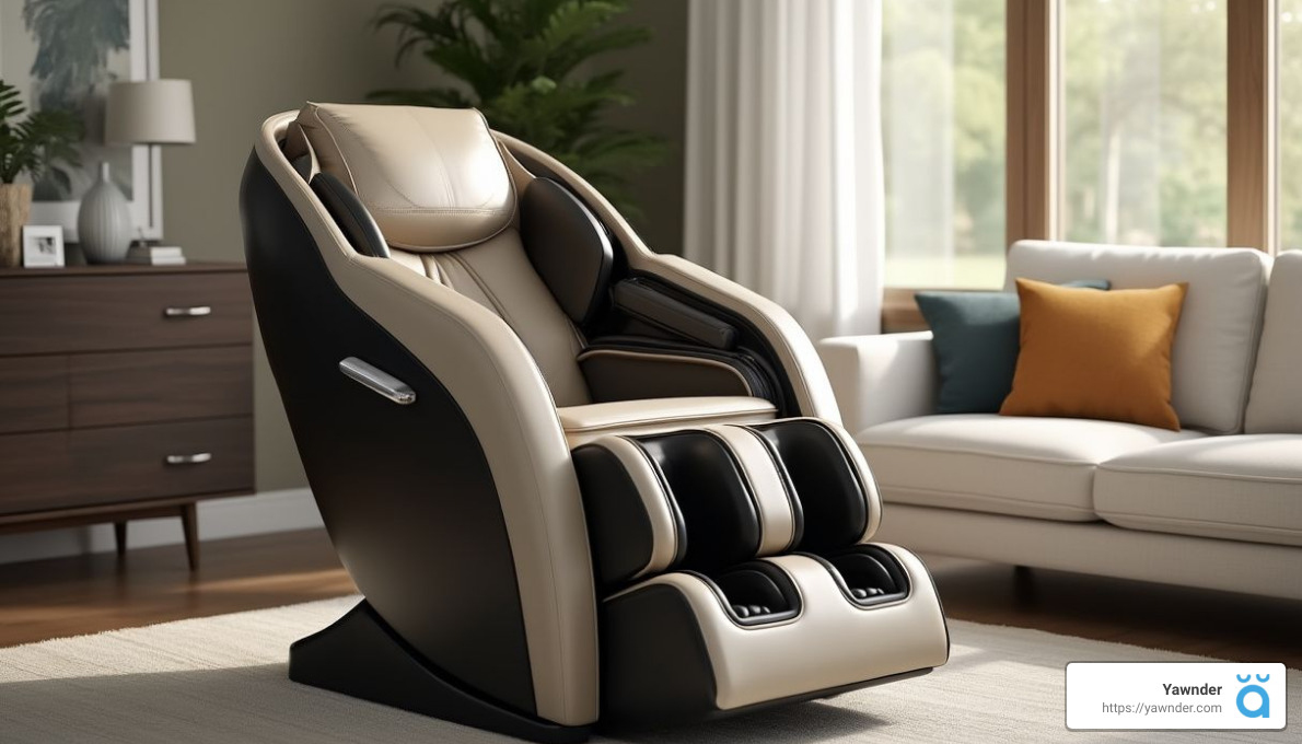 A modern massage chair in neutral tones sits in a cozy living room. It is placed near a large window, surrounded by soft lighting, a cream sofa with colorful pillows, and indoor plants.