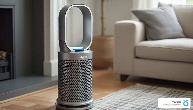 A modern air purifier with a sleek design is positioned on a wooden floor next to a white sofa. Natural light filters in through a window, casting a cozy atmosphere in the room. A patterned rug lies in the foreground.