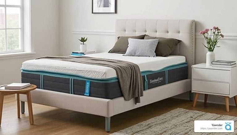 A bedroom with a neatly made bed featuring a white and teal mattress on a light grey upholstered frame. A beige blanket and two grey pillows are on the bed. A wooden stool and a framed wall picture complete the room decor.