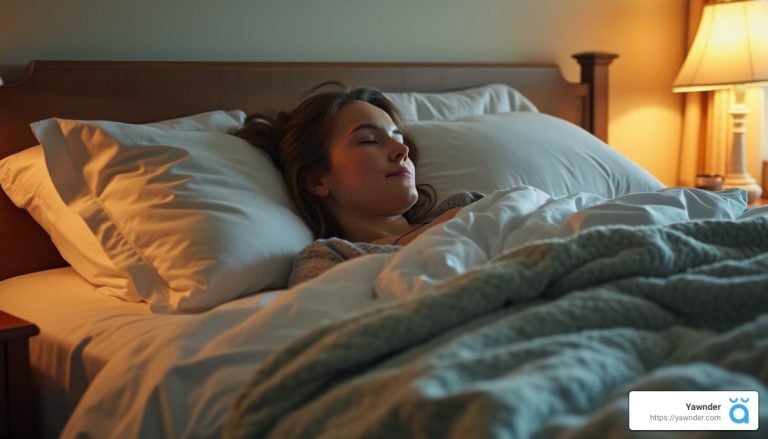 A person sleeps peacefully in a cozy bed with white sheets and a gray blanket, illuminated by the warm light of a bedside lamp.
