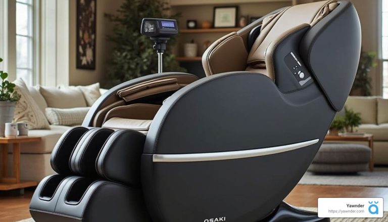 A luxurious black and brown massage chair is positioned in a modern living room. The chair has controls on the side and a headrest. The room features a beige sofa, green plants, and a wooden coffee table in the background.