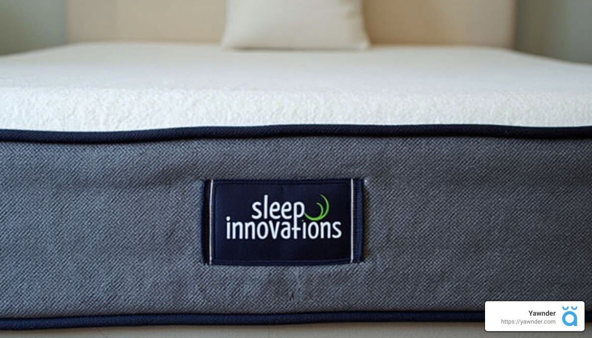 Close-up of a mattress with the label "Sleep Innovations" on the side. The mattress has a textured gray border and a white top surface, placed in a bedroom setting with a blurred beige headboard in the background.