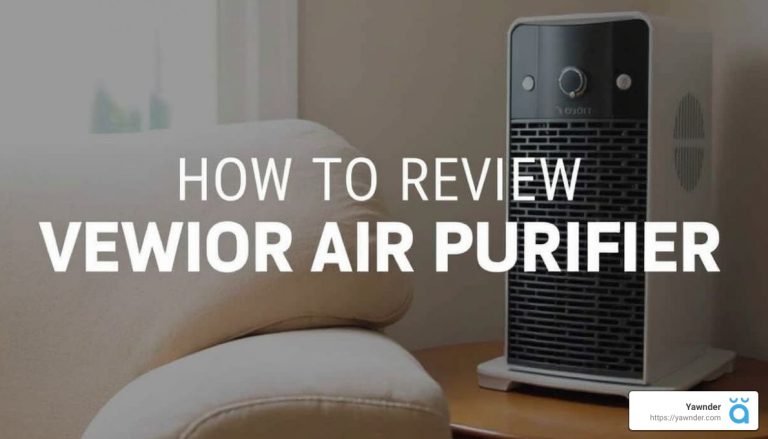 A Vewior air purifier sits on a small wooden table beside a beige couch. The text on the image reads "How to Review Vewior Air Purifier." There's also a small logo and website link at the bottom right corner.