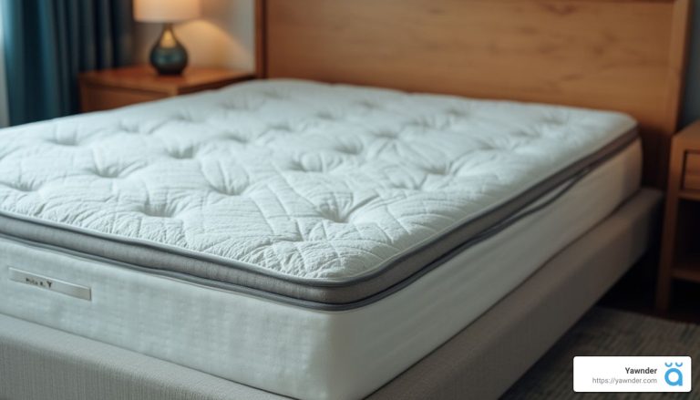 A neatly made bed with a plush, white quilted mattress in a cozy bedroom. There's a wooden headboard and a nightstand with a lamp in the background.