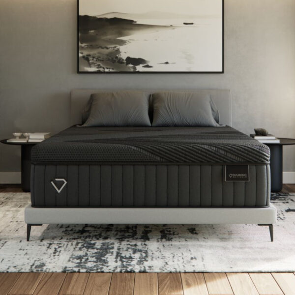 Black Diamond Lux Hybrid tight-top mattress displayed on bed frame