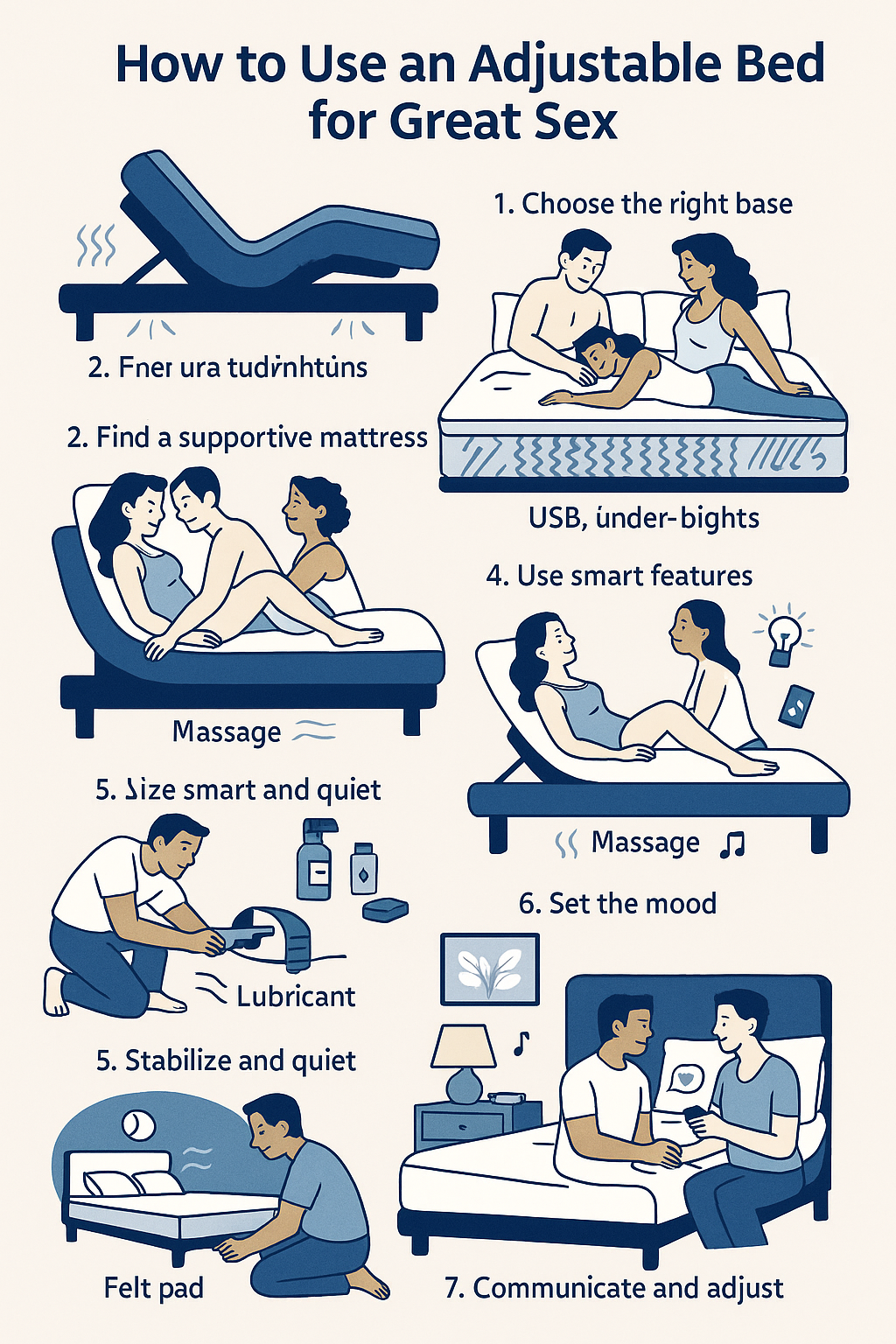 Adjustable Bed: Must-Have Tips for Effortless Sex in 2025 2 Yawnder illustration showing split-king sync, gap bridge, and under-bed lighting