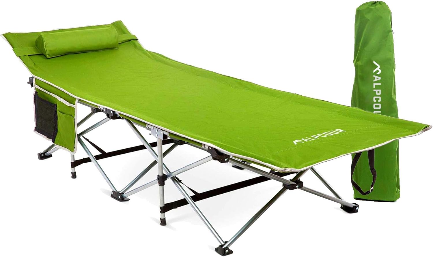 Alpcour lightweight cot set up on a campsite