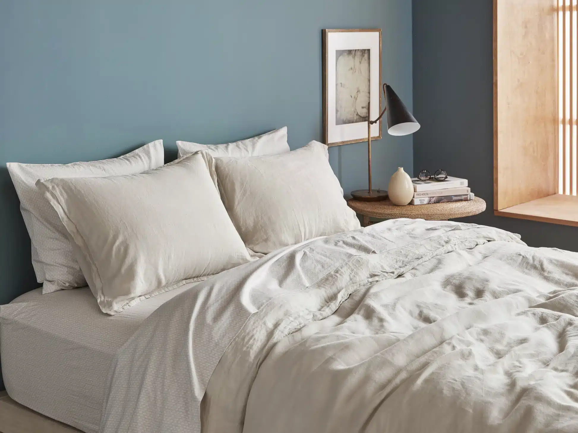 Crisp organic cotton percale sheets styled for winter