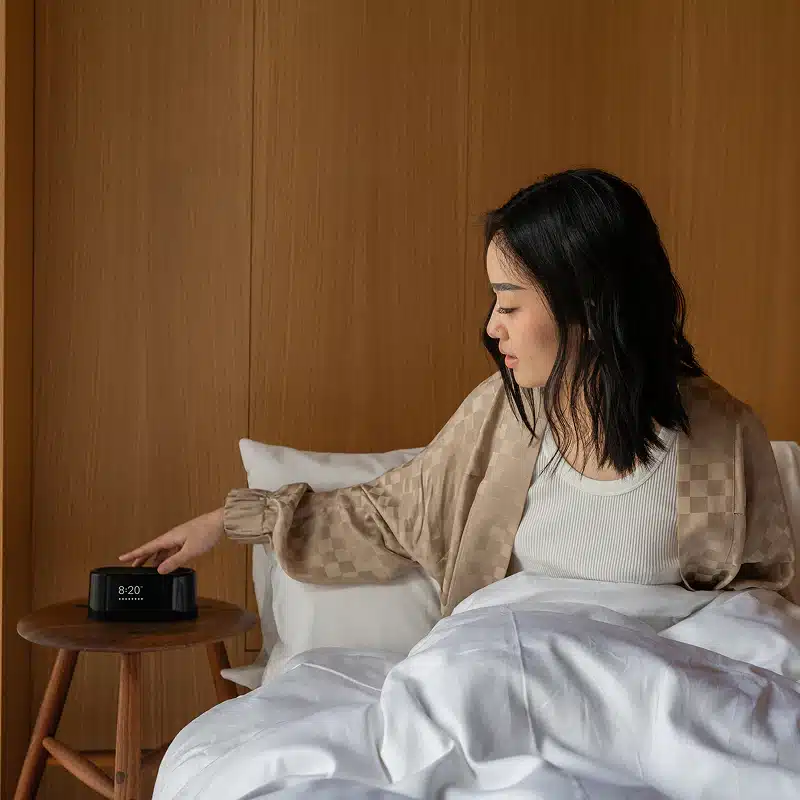 Close up of Loftie alarm clock design and display