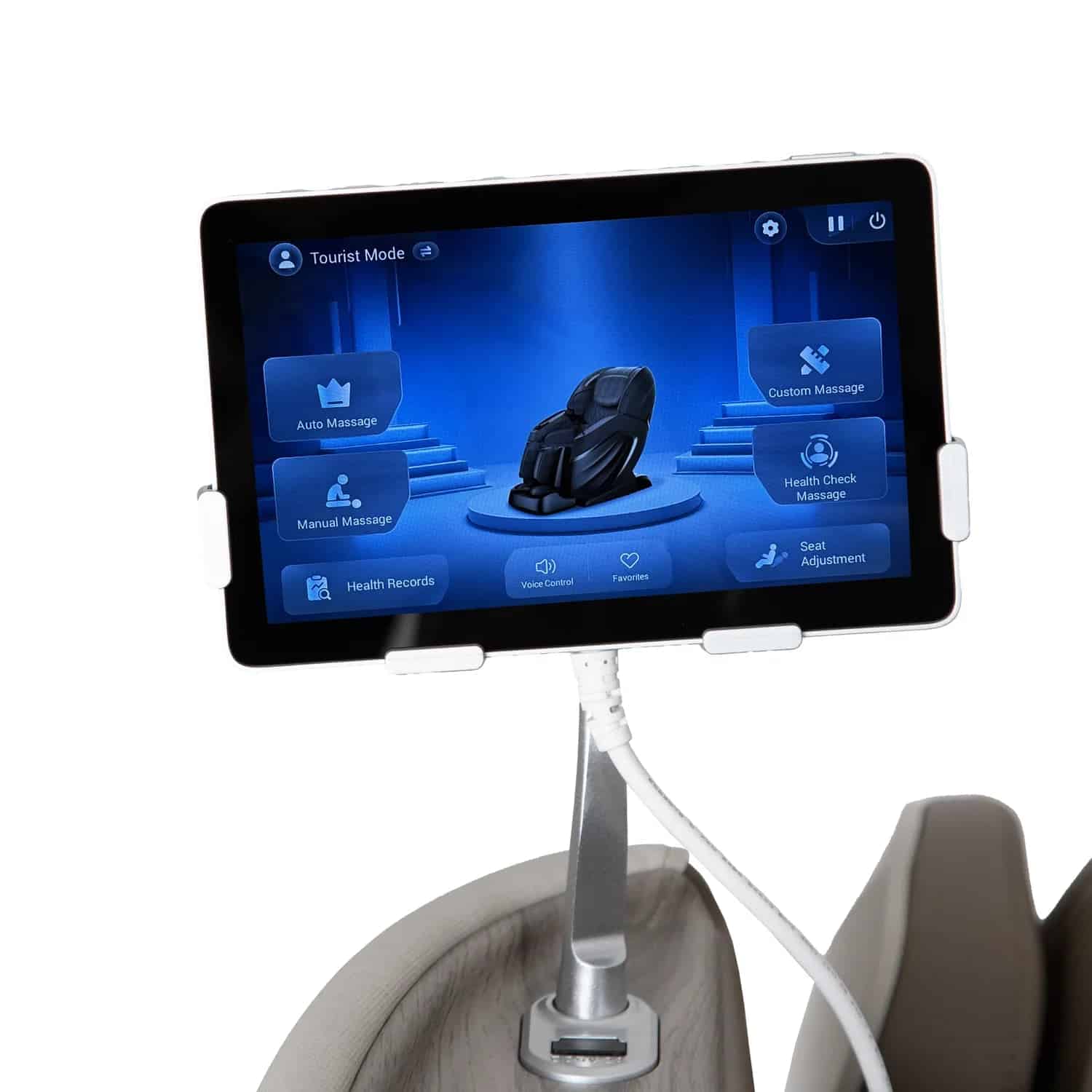 Tablet displaying a massage chair control interface with "Tourist Mode" and various options.