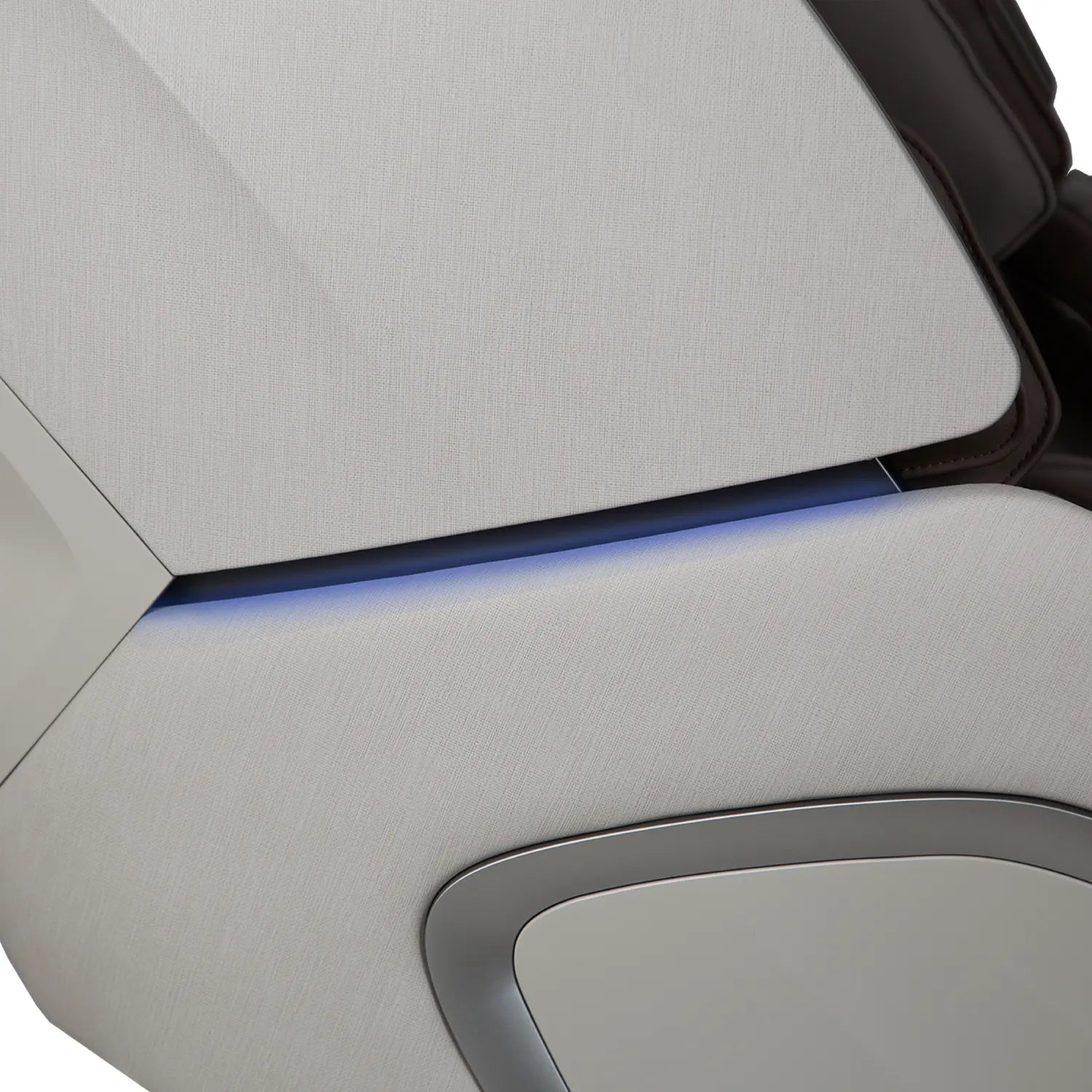 Side of a contemporary massage chair with blue light accent and textured fabric