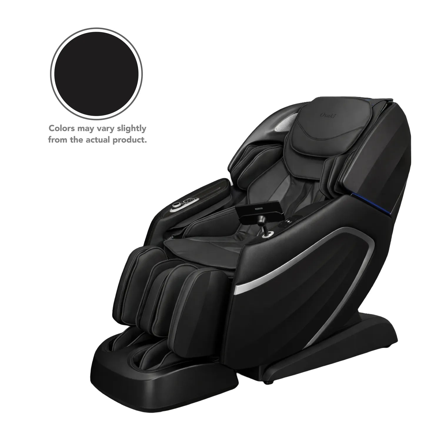 Black Osaki massage chair in full view with gray accents on a white background.