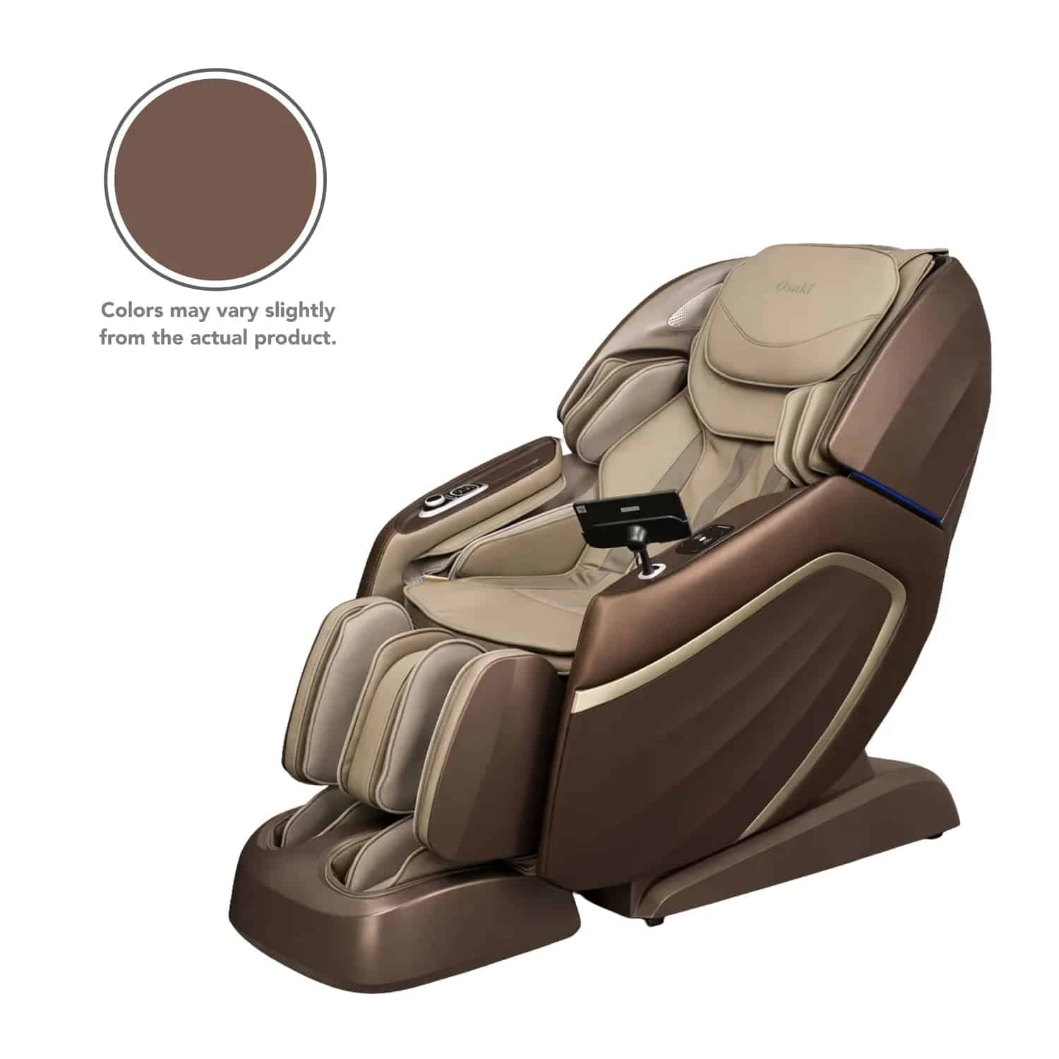 Brown and tan robotic massage chair with various settings and foot massager.