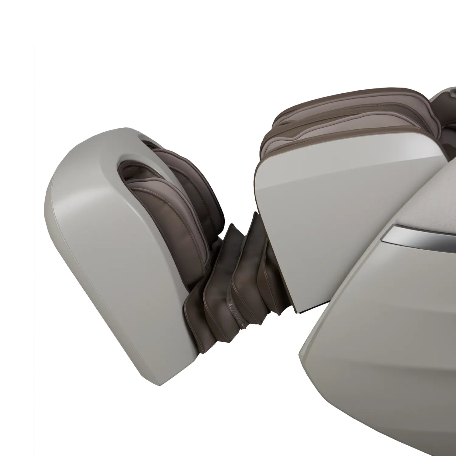 Taupe leg extension of a massage chair with a white and gray exterior
