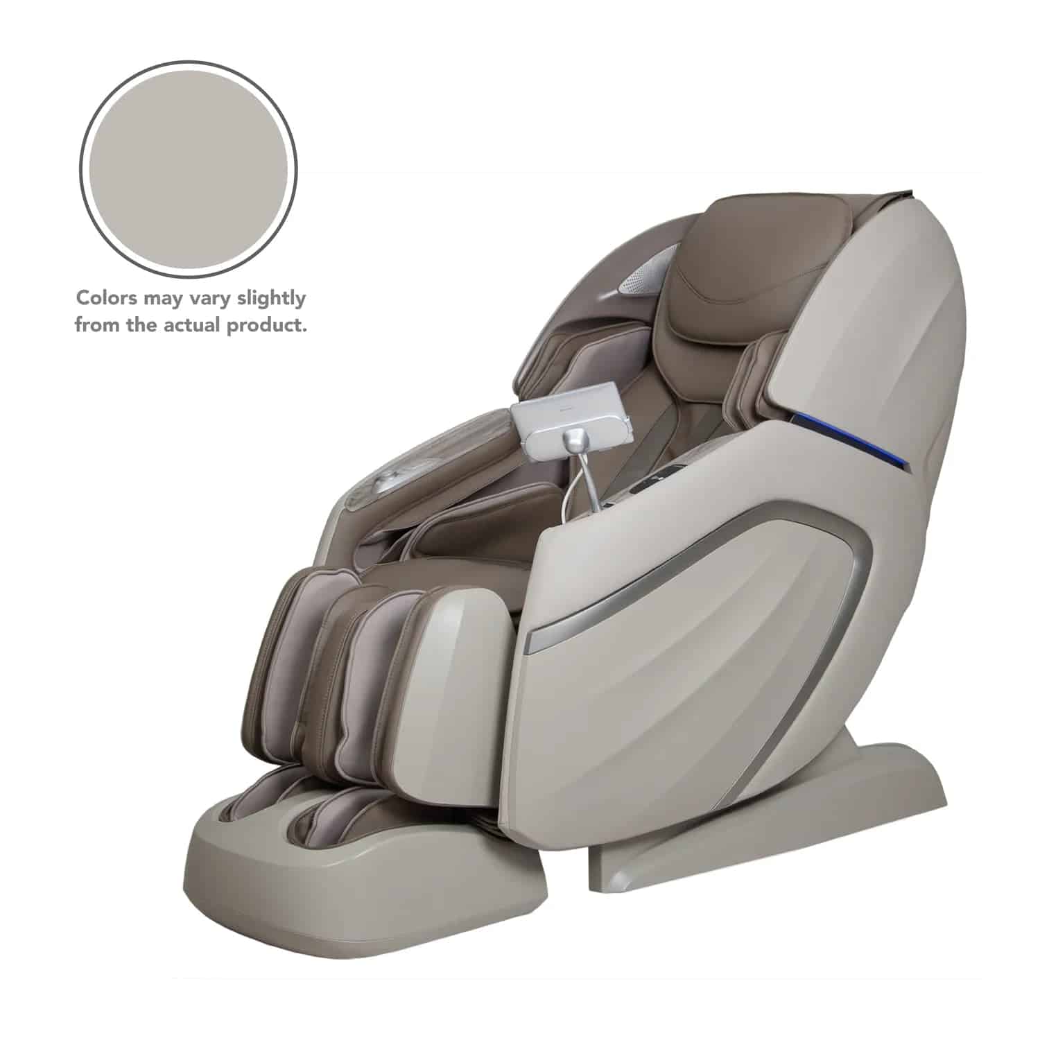 Taupe massage chair with brown cushioned padding and integrated foot and calf massager